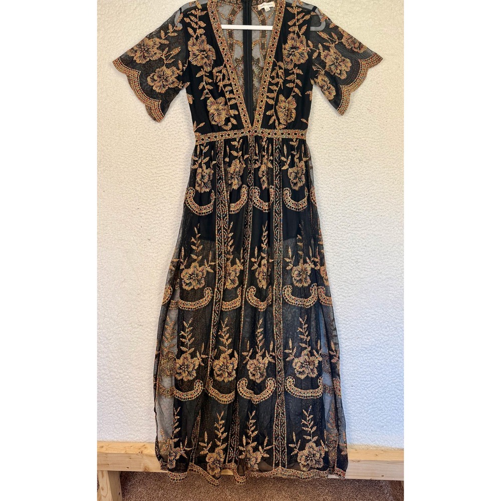Honey Punch Women's S Black Colorful Lace Romper Maxi Dress Whimsygoth Event